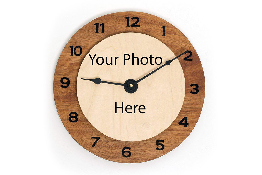 Handmade Solid Mahogany or Walnut and Birch Clock Personalized with Client House Photo - Cades and Birch 
