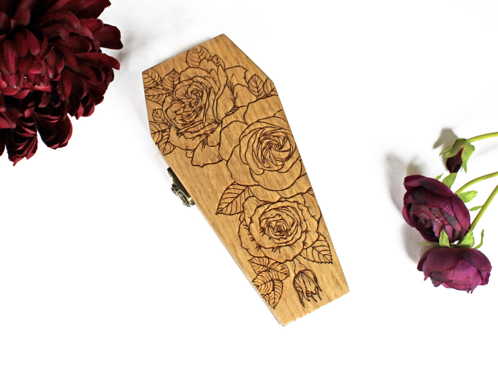 Coffin Ring Bearer Pillow Box - Gothic Roses Engraved | Personalize Option - Cades and Birch 