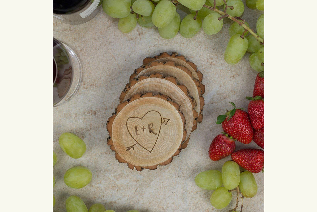 Rustic Tree Slice Coaster Set -  Initials in Heart with Arrow, Personalized - Cades and Birch 