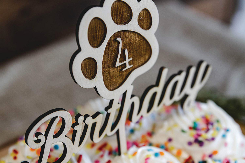 Dog Birthday Wood Cake Topper with Paw Print - Personalized with Year/Age - Cades and Birch 