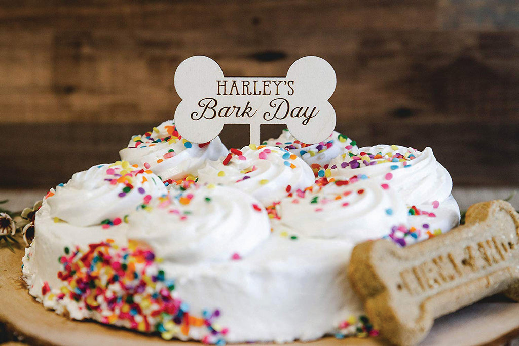Dog Birthday Wood Cupcake Topper - Personalized Bark Day Bone with Name - Cades and Birch 
