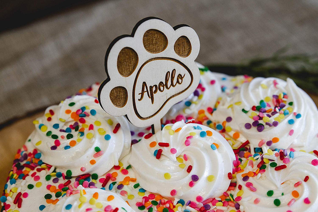 Dog Birthday Paw Print Wood Cake Topper - Personalized with Name - Cades and Birch 