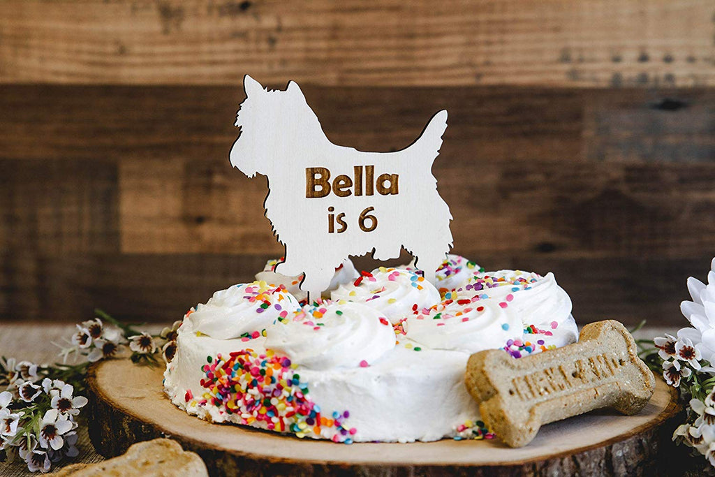 Dog Birthday Wood Cake Topper - Personalized Breed Type Shape Options, Engraved with Name - Cades and Birch 