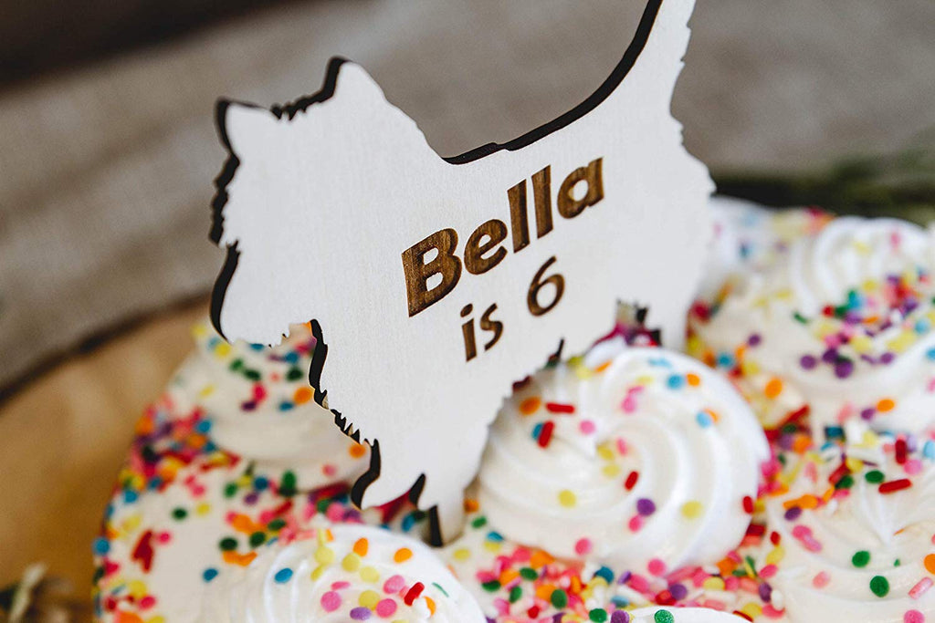 Dog Birthday Wood Cake Topper - Personalized Breed Type Shape Options, Engraved with Name - Cades and Birch 