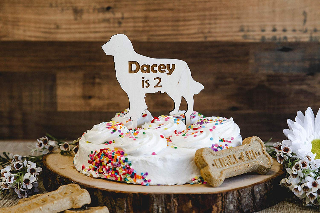 Dog Birthday Wood Cake Topper - Personalized Breed Type Shape Options, Engraved with Name - Cades and Birch 