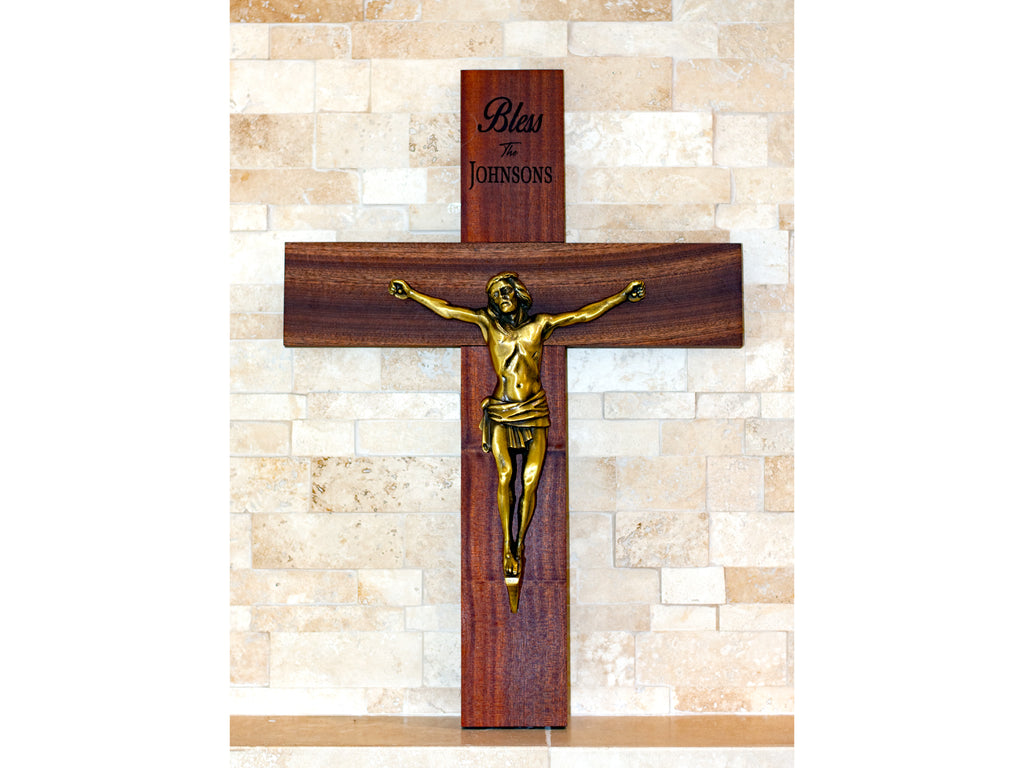 Heavenly Homage: Engraved Wooden Cross with Brass Figurine of Jesus