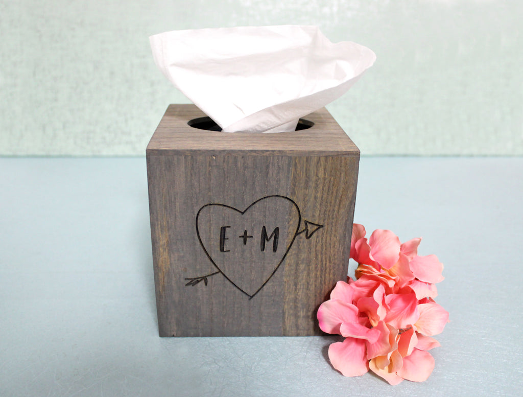 Wood Tissue Box Cover | Initials in Heart with Arrow - Cades and Birch 