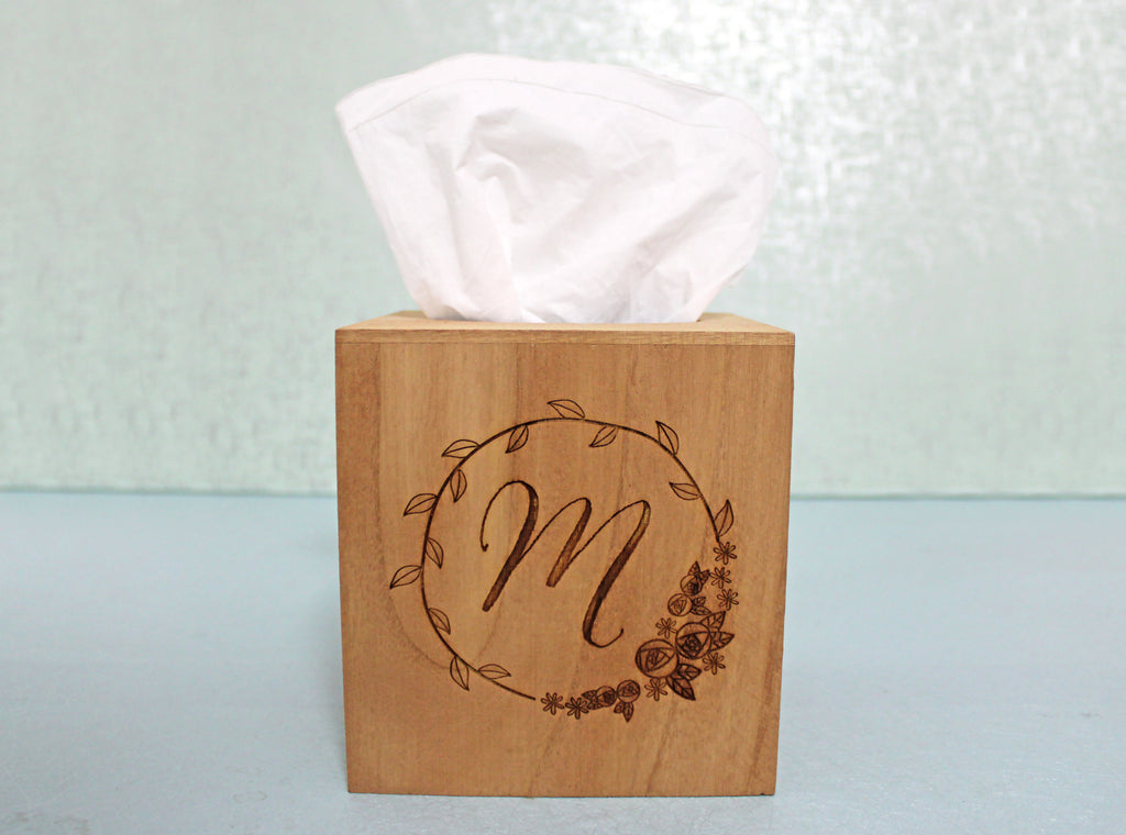 Wood Tissue Box Cover | Personalized Monogram Initial in Rosebud Wreath - Cades and Birch 