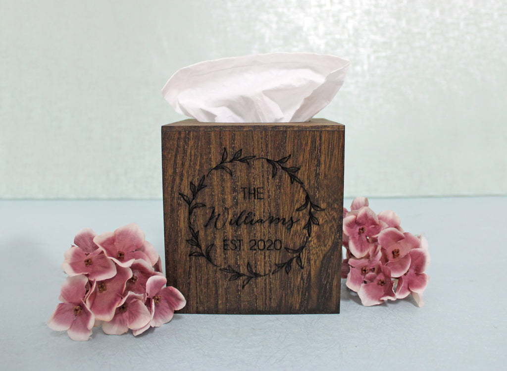 Wood Tissue Box Cover | Personalized Family Name and Date in Wreath - Cades and Birch 
