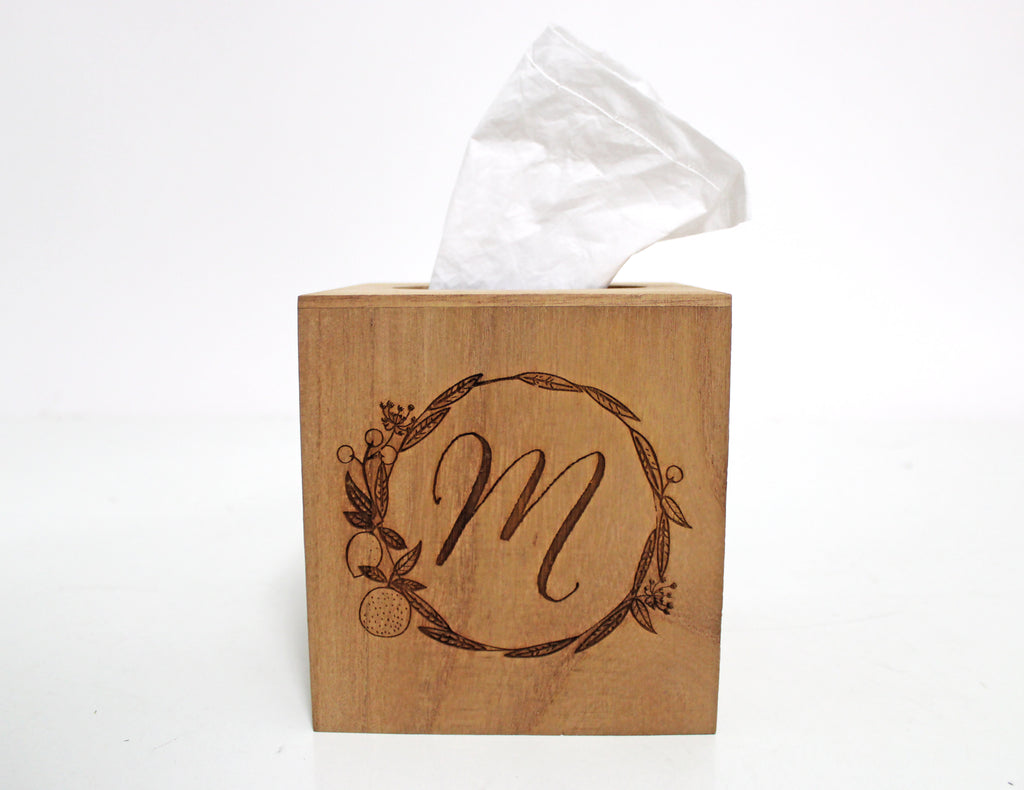 Wood Tissue Box Cover | Personalized Monogram Initial in Citrus Wreath - Cades and Birch 