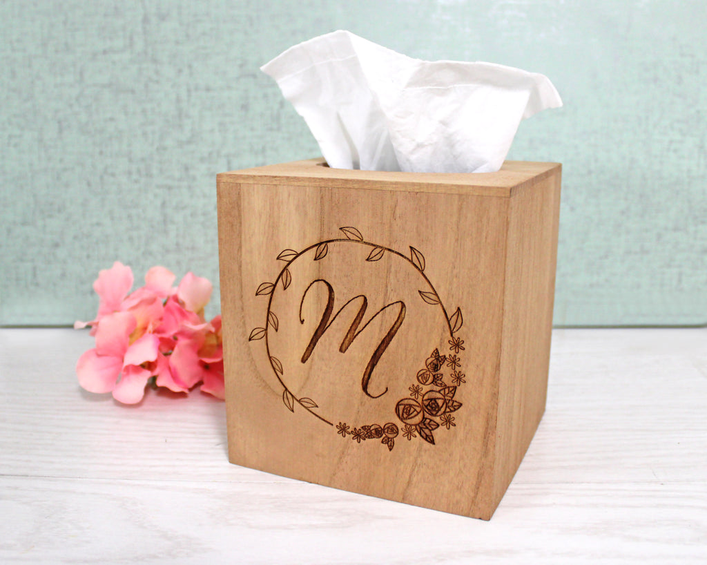 Wood Tissue Box Cover | Personalized Monogram Initial in Rosebud Wreath - Cades and Birch 