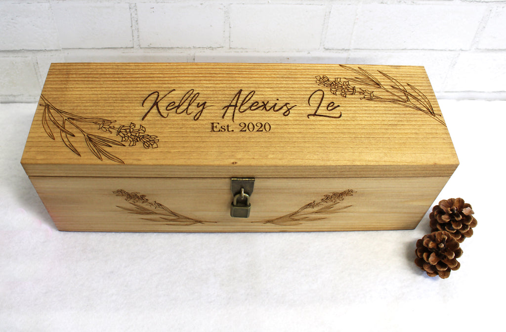 Wine Box with Lock | Lavender Floral Wreath | Personalized with Name and Date - Cades and Birch 
