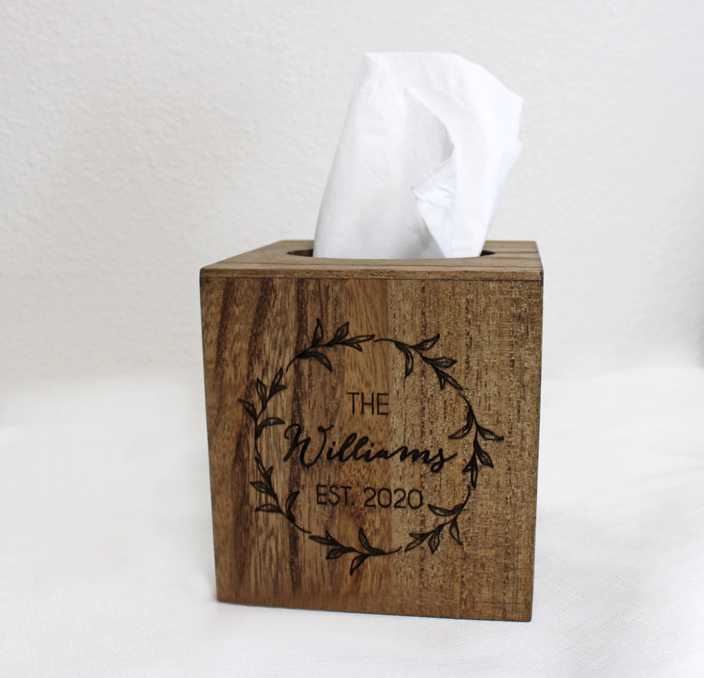 Wood Tissue Box Cover | Personalized Family Name and Date in Wreath - Cades and Birch 