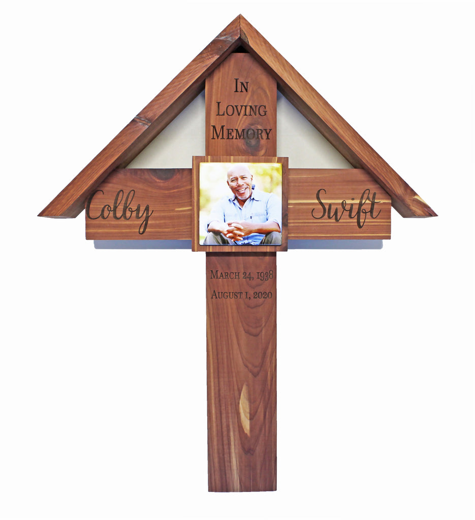 Memorial Cross with Roof - Personalized for Your Loved One - Cades and Birch 
