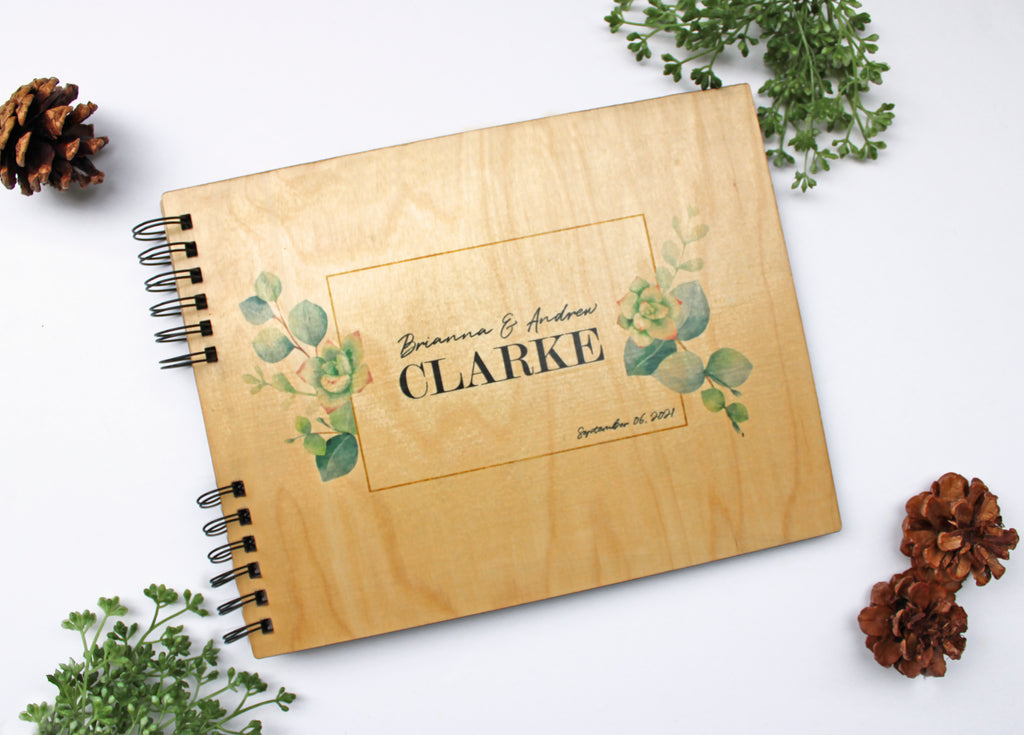 Photo Album or Guest Book - Personalized Names, Date in Eucalyptus Succulent Design - Cades and Birch 