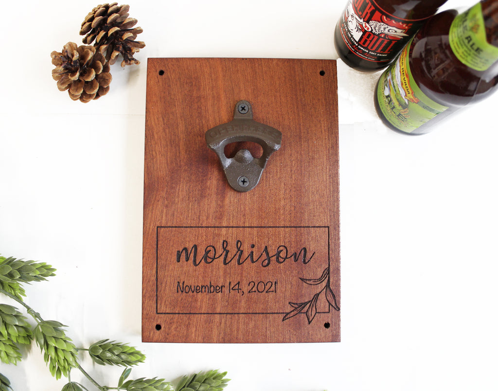 Wood Bottle Opener Wall Mount | Personalized Engraved Leaf Border Last Name - Cades and Birch 