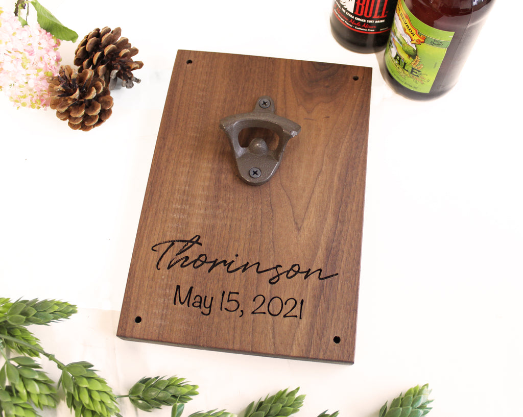 Wood Bottle Opener Wall Mount | Personalized Engraved Cursive Last Name - Cades and Birch 