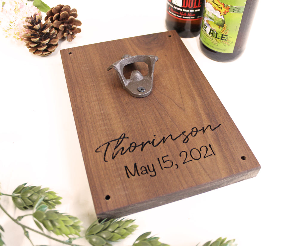 Wood Bottle Opener Wall Mount | Personalized Engraved Cursive Last Name - Cades and Birch 