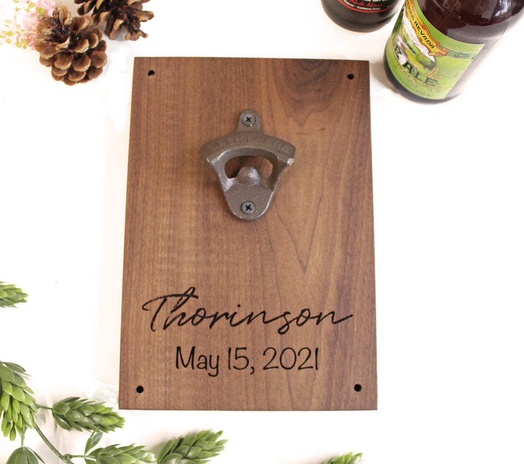 Wood Bottle Opener Wall Mount | Personalized Engraved Leaf Border Last Name - Cades and Birch 