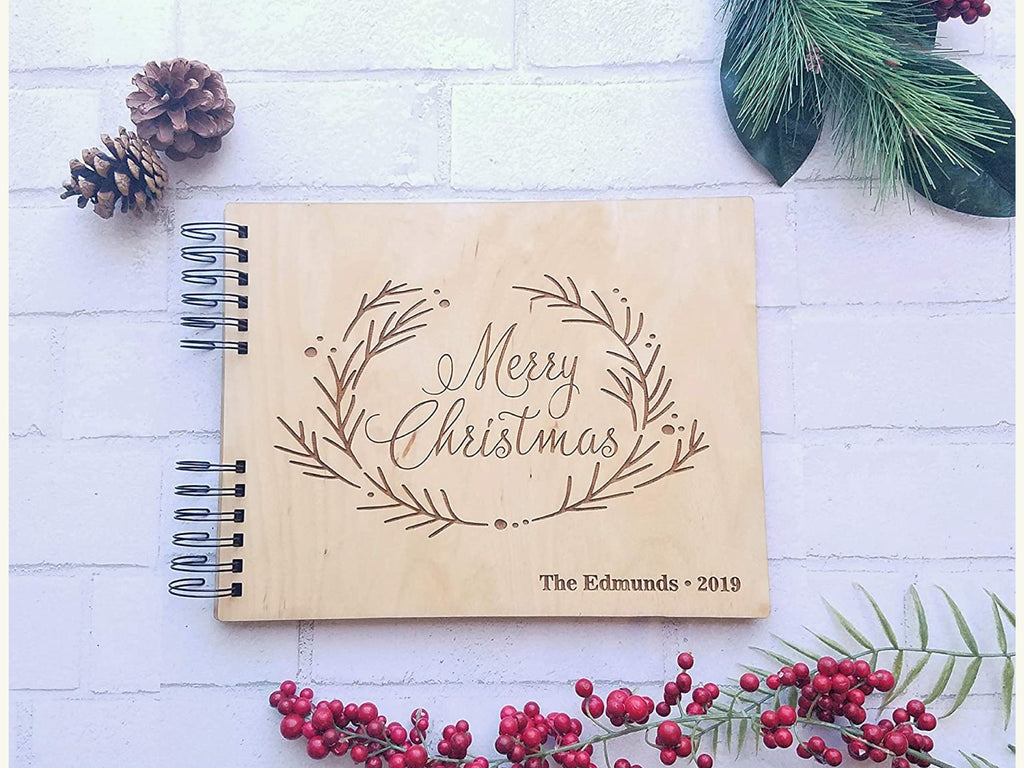 Merry Christmas Wreath Personalized Holiday Card Photo Album or Guest Book - Cades and Birch 