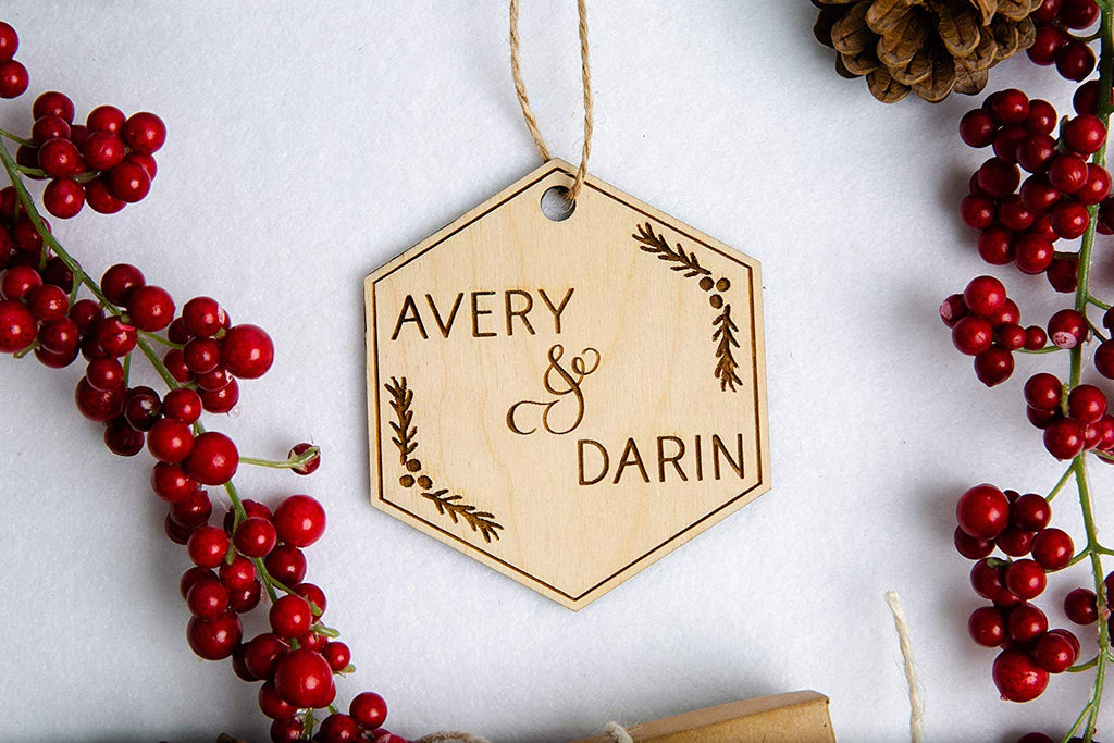Couple Christmas Ornament - Personalized Engraved Wood Hexagon - Cades and Birch 