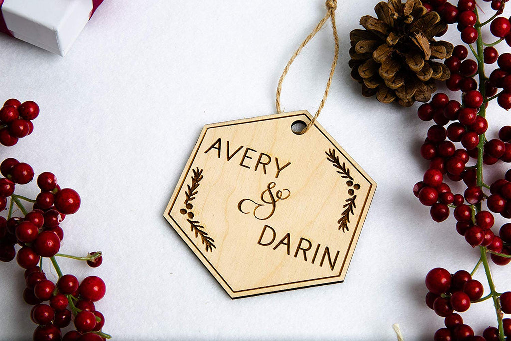 Couple Christmas Ornament - Personalized Engraved Wood Hexagon - Cades and Birch 