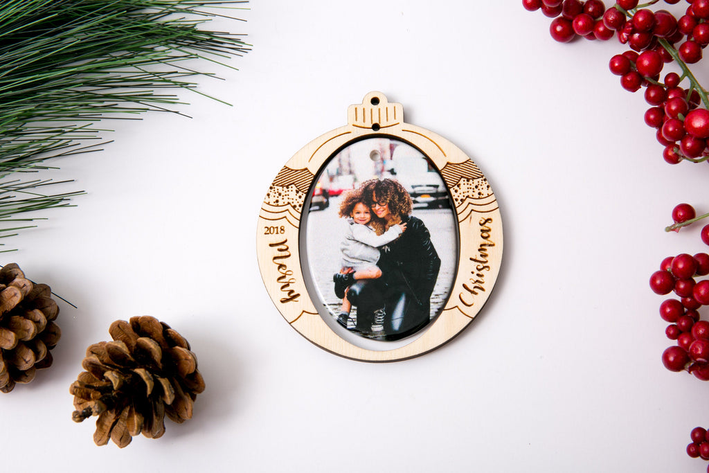 Christmas Ornament Porcelain Custom Photo Print with Engraved Wood Frame- Christmas Bulb - Cades and Birch 