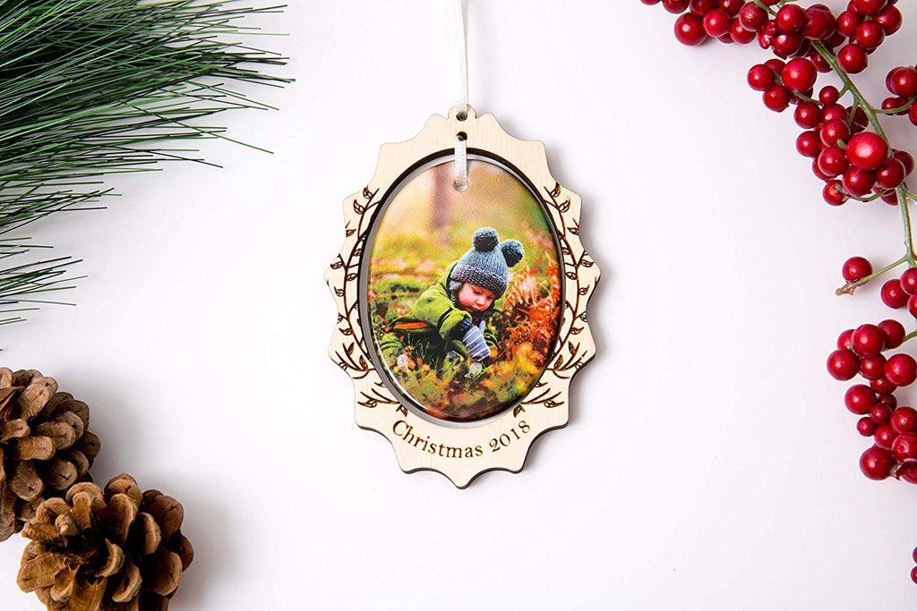 Christmas Ornament Porcelain Custom Photo Print with Engraved Wood Frame- Scallop Edge Leaves - Cades and Birch 