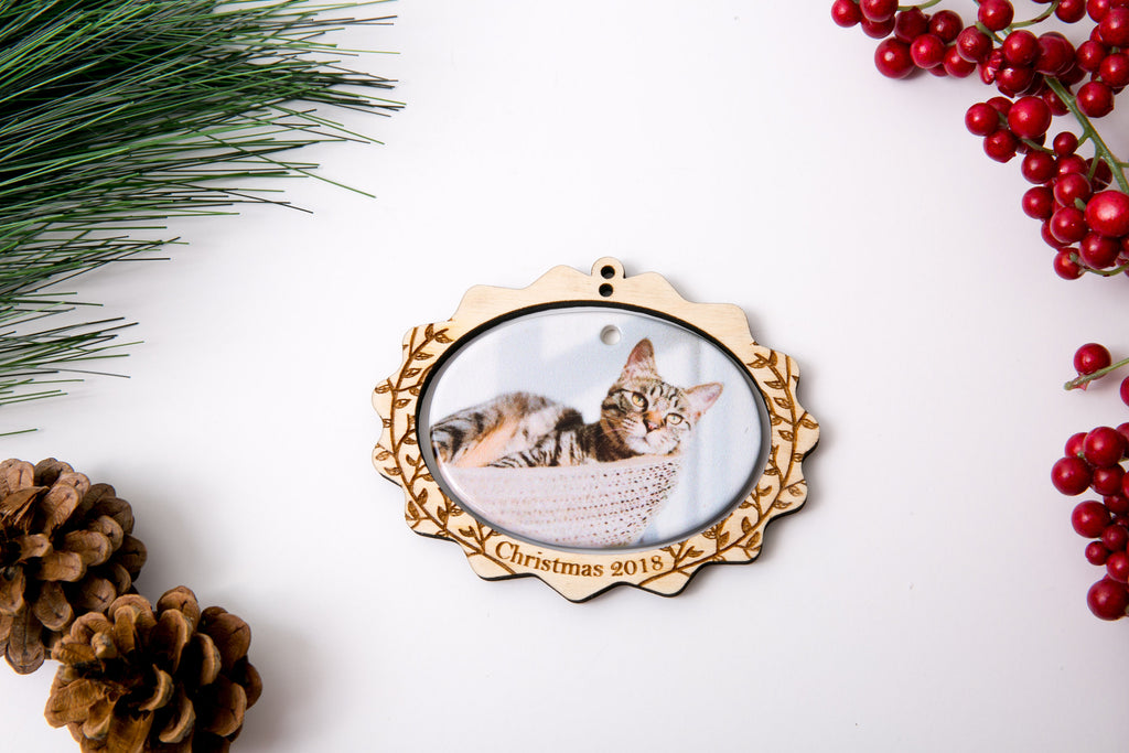 Christmas Ornament Porcelain Custom Photo Print with Engraved Wood Frame- Scallop Edge Leaves - Cades and Birch 