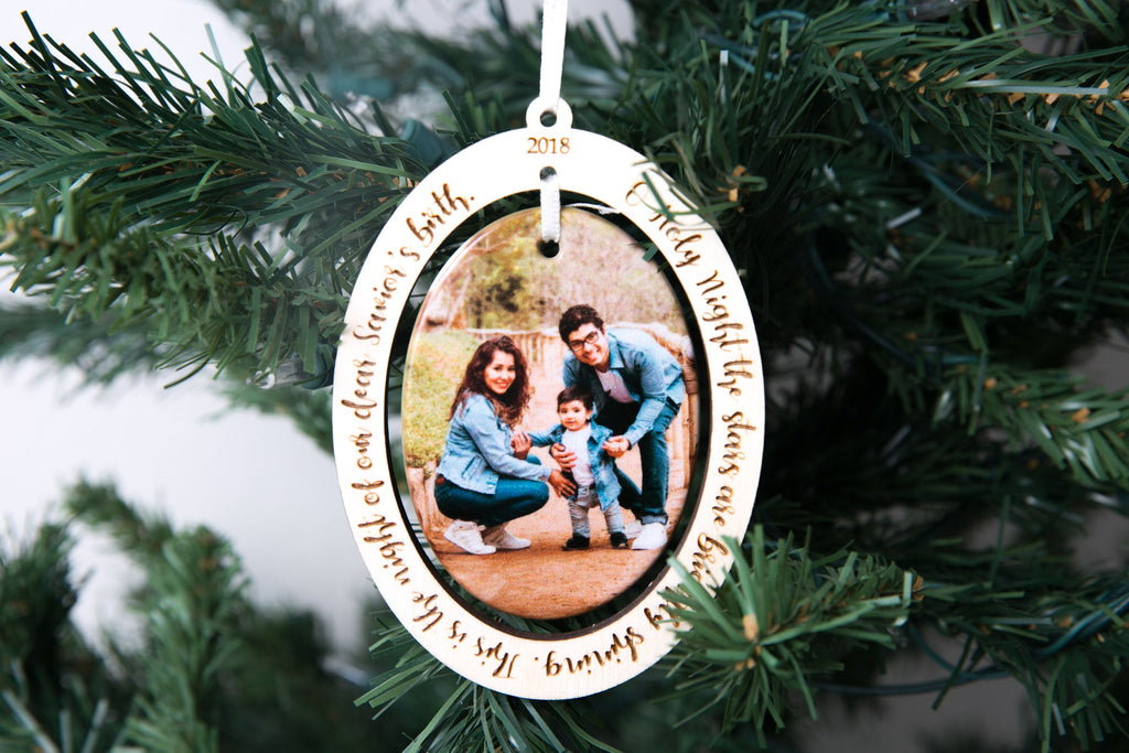 Christmas Ornament Porcelain Custom Photo Print with Engraved Wood Frame - Oh Holy Night - Cades and Birch 