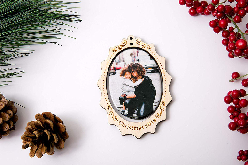 Christmas Ornament Porcelain Custom Photo Print with Engraved Wood Frame- Scallop Edge - Cades and Birch 