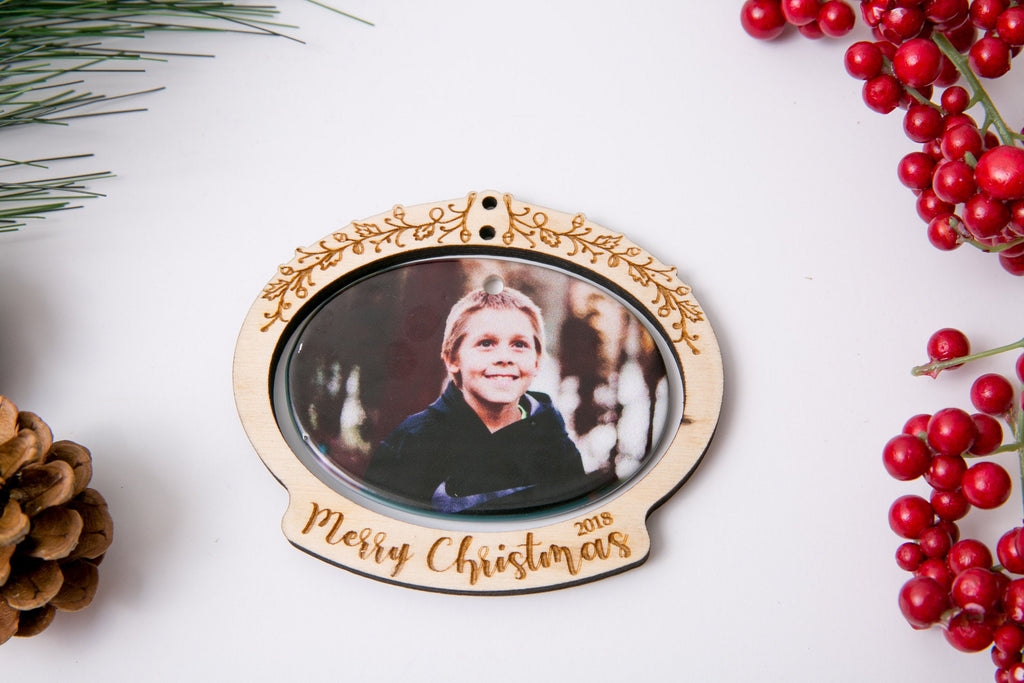 Christmas Ornament Porcelain Custom Photo Print with Engraved Wood Frame- Merry Christmas Swirls - Cades and Birch 
