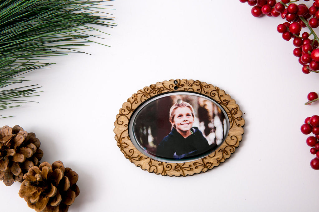 Christmas Ornament Porcelain Custom Photo Print with Engraved Wood Frame-Wreath with Year - Cades and Birch 