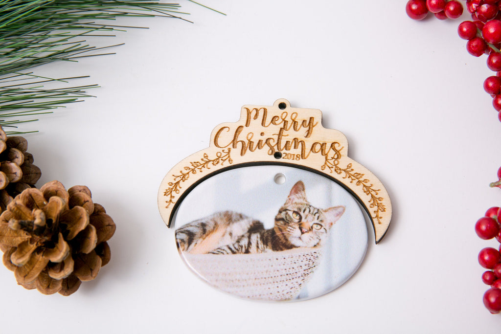 Christmas Ornament Porcelain Custom Photo Print with Engraved Wood Half Frame- Merry Christmas Script - Cades and Birch 