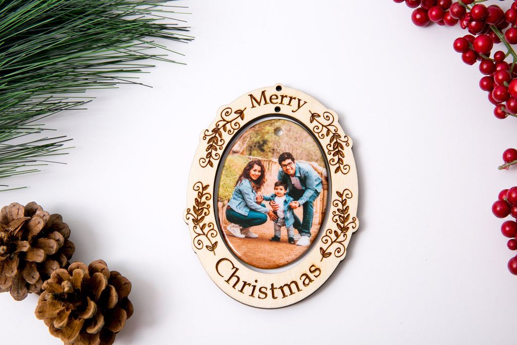 Christmas Ornament Porcelain Custom Photo Print with Engraved Wood Frame- Holly Merry Christmas - Cades and Birch 