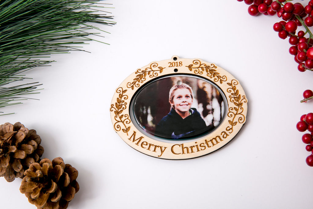 Christmas Ornament Porcelain Custom Photo Print with Engraved Wood Frame- Holly Merry Christmas - Cades and Birch 