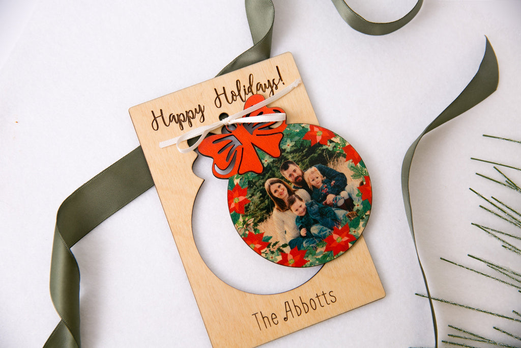 Christmas Ribbon Bulb - Personalized Photo Holiday Pop Out Card and Christmas Ornament - Cades and Birch 