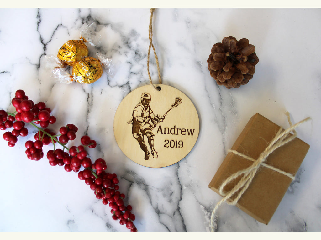 Lacrosse Player Christmas Ornament Wood - Personalized Name Year - Cades and Birch 