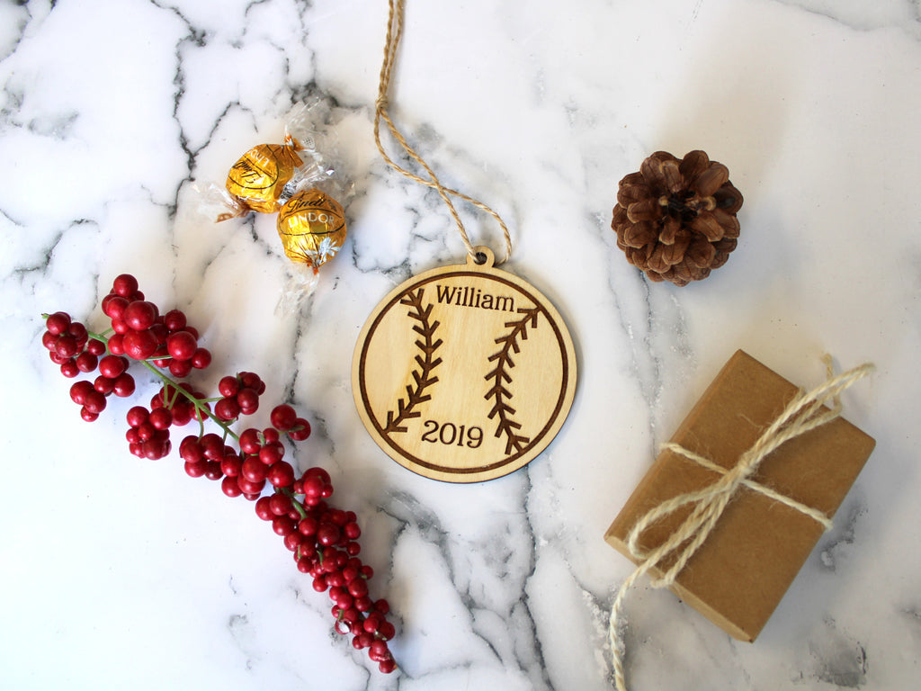 Baseball Christmas Ornament Wood - Personalized Name Year