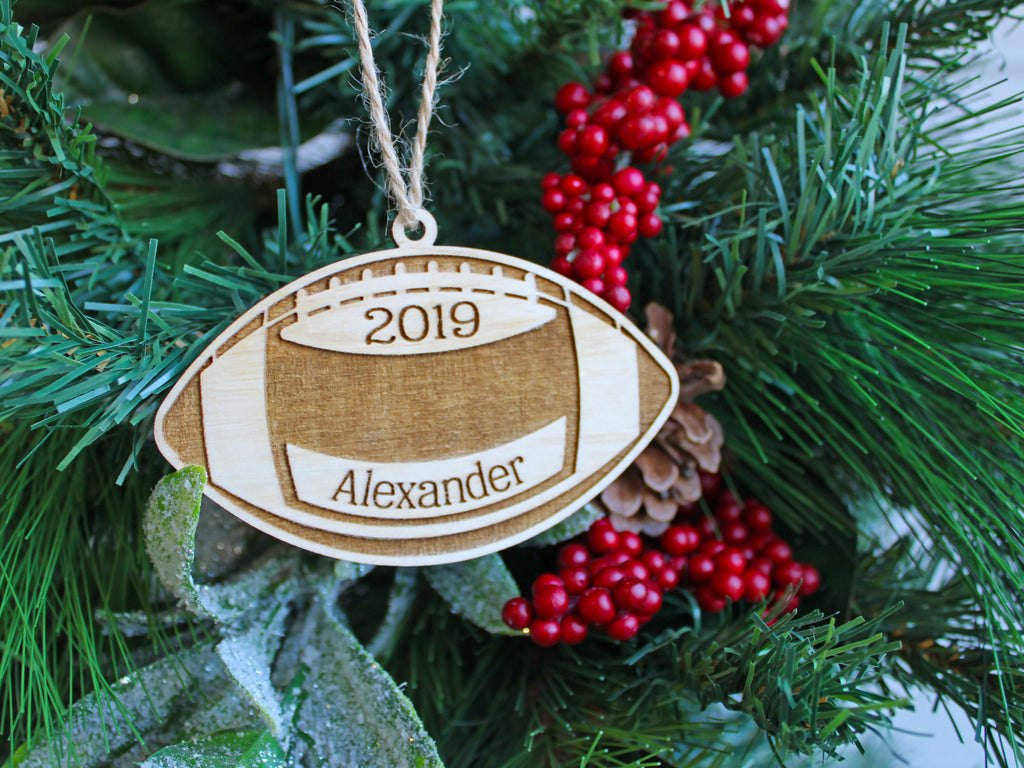 Football Christmas Ornament Wood - Personalized Name Year - Cades and Birch 