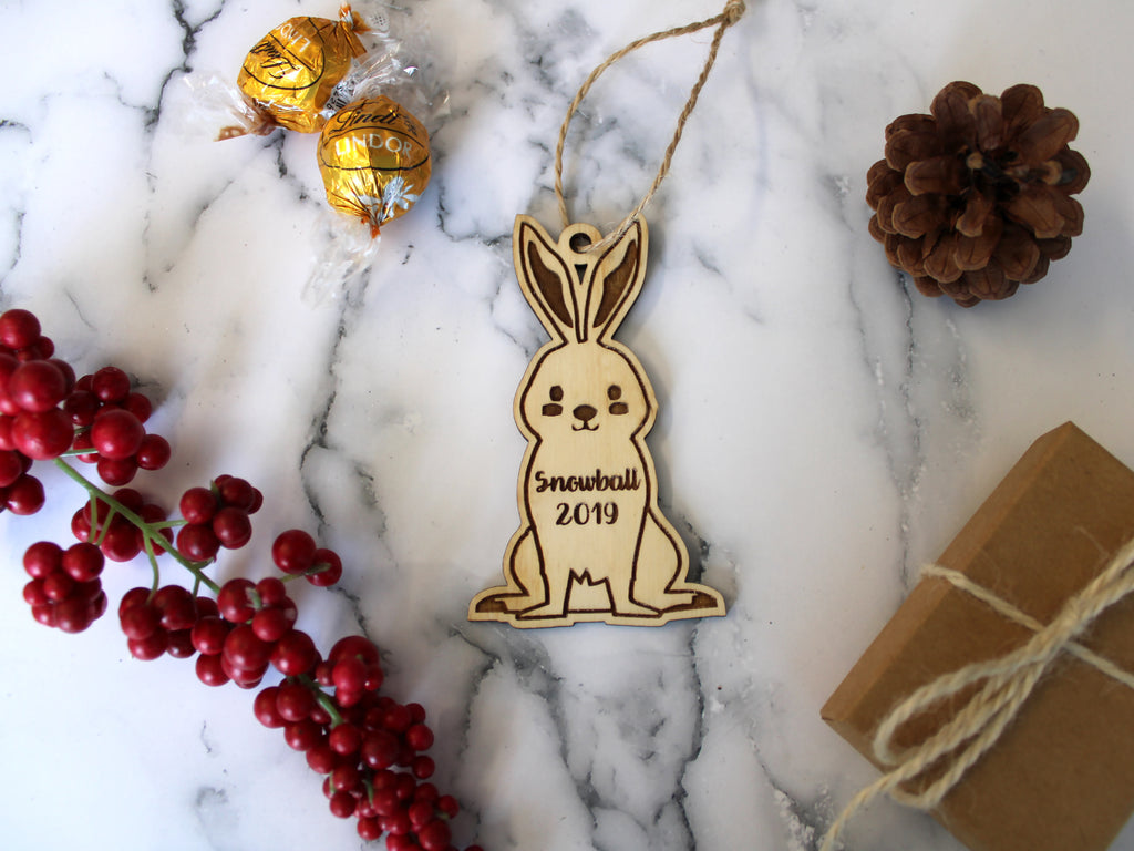 Personalized Bunny Standing Christmas Ornament - Laser Cut Wood Engraved