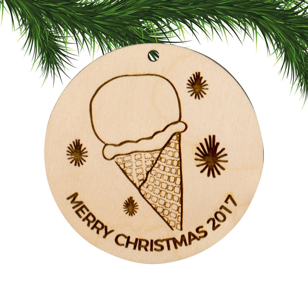 Christmas Ornament Engraved Wood - Merry Christmas - Ice Cream Cone with Year - Cades and Birch 