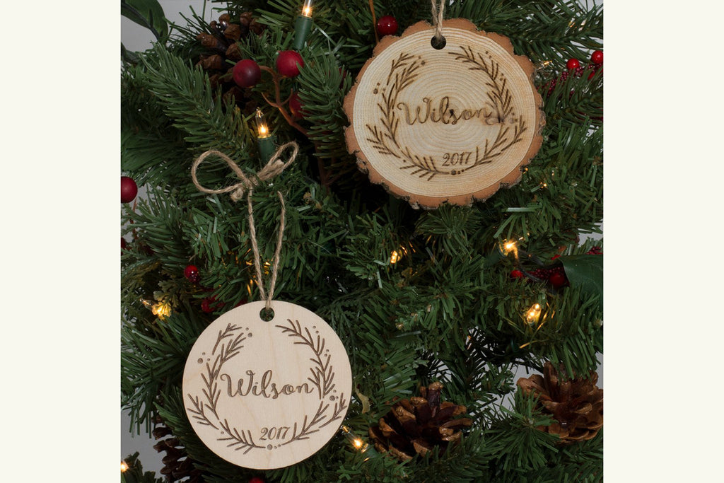Family Christmas Ornament Engraved Wood - Christmas Wreath, Personalized - Cades and Birch 
