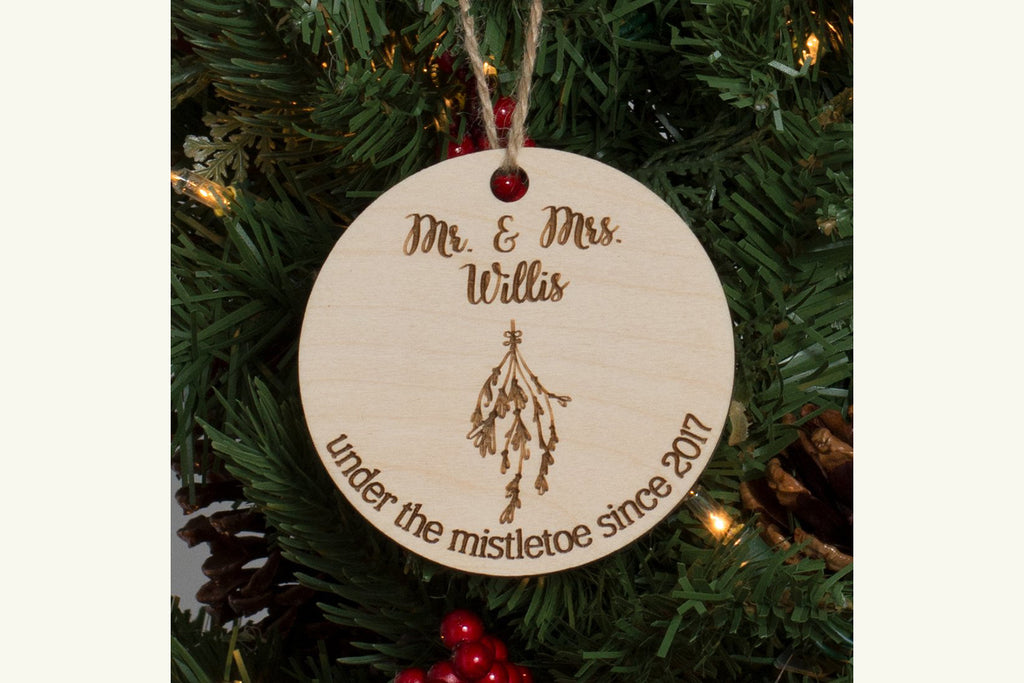 Mr & Mrs Personalized Christmas Ornament Engraved Wood - Under the Mistletoe - Cades and Birch 