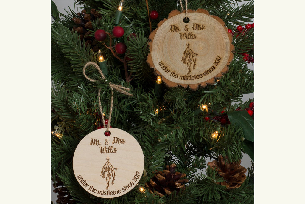 Mr & Mrs Personalized Christmas Ornament Engraved Wood - Under the Mistletoe - Cades and Birch 