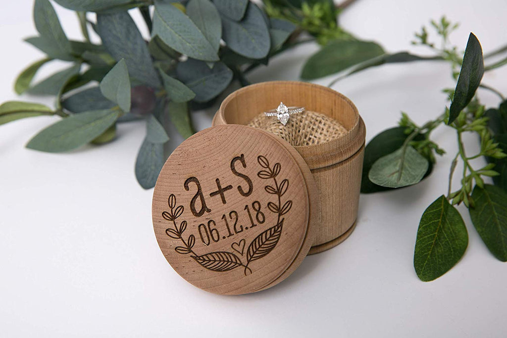 Engraved Ring Bearer Pillow Box - Leaves - Personalized with Initials and Date - Cades and Birch 