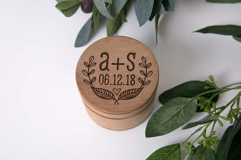 Engraved Ring Bearer Pillow Box - Leaves - Personalized with Initials and Date - Cades and Birch 
