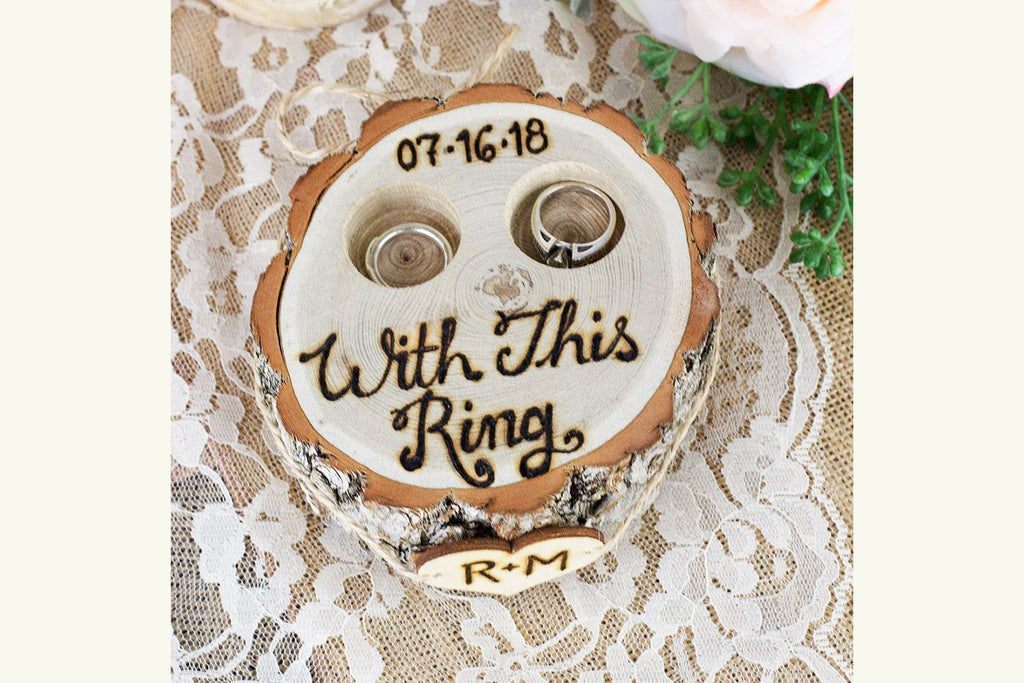 Rustic Tree Stump Ring Bearer Pillow Box - With This Ring, Personalized - Cades and Birch 