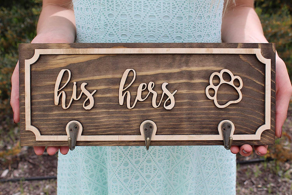 Handmade Wood Leash and Key Holder - Client Custom Personalized His and Hers, Pawprint - Cades and Birch 