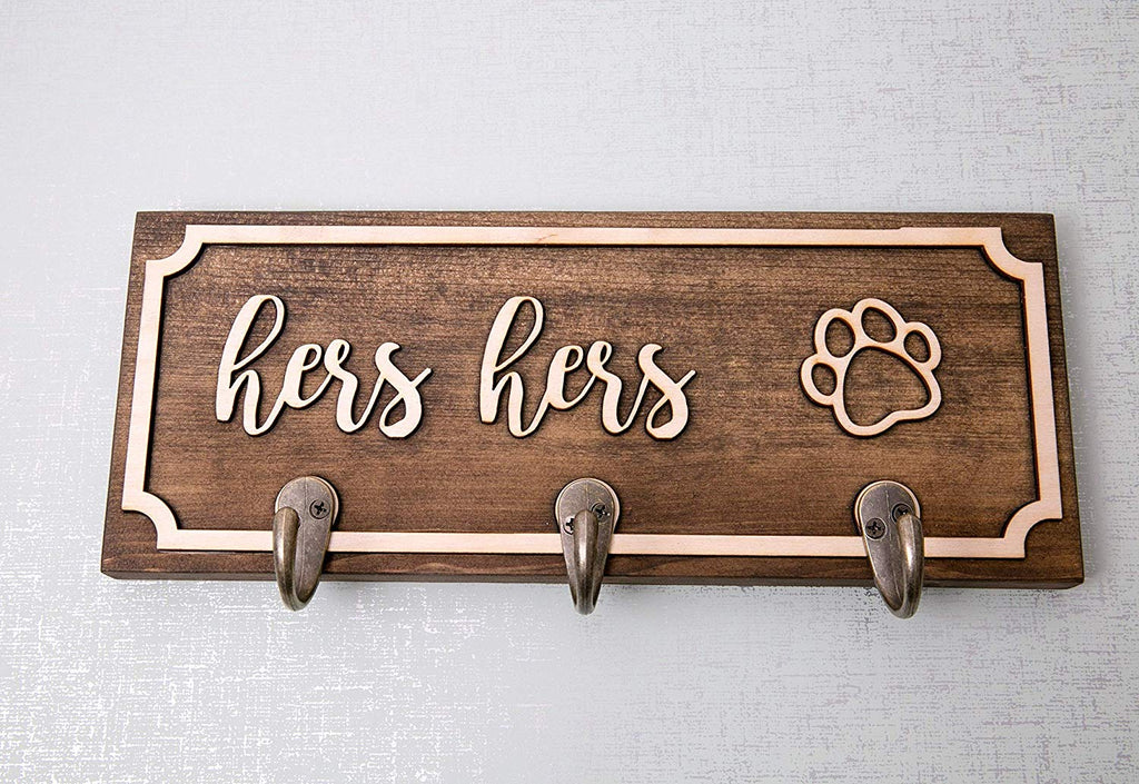 Handmade Wood Leash and Key Holder - Client Custom Personalized His and Hers, Pawprint - Cades and Birch 